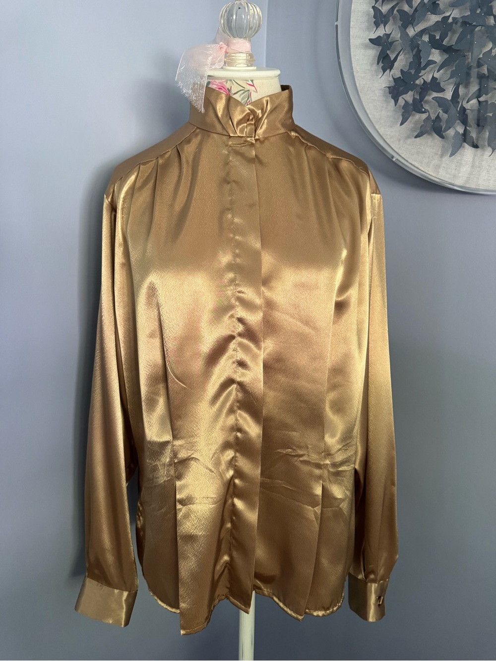 Vintage Notations Metallic Gold Satin High-Neck Blouse